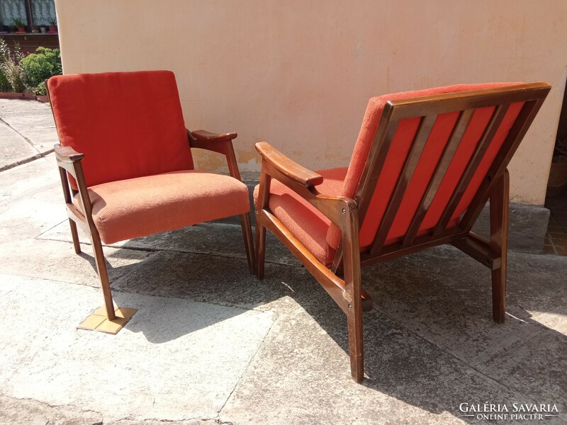 Mid century, slatted, solid wood retro armchairs, 3 pcs