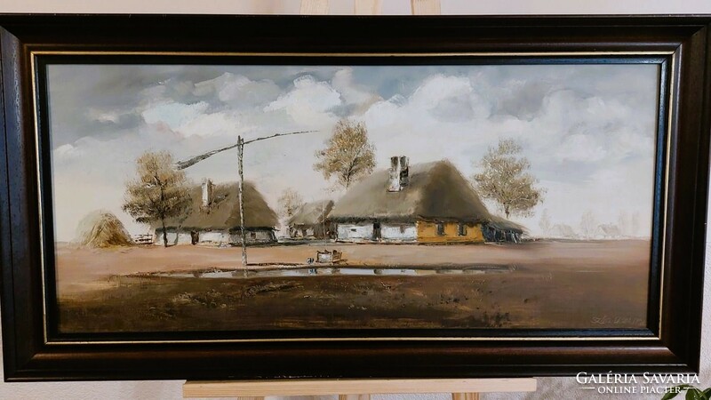 Beautiful landscape painting by László Szőcs (K) with frame 99x52 cm farm with crane