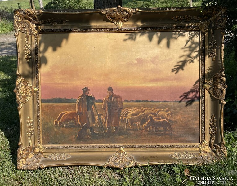 Kovács f. Oil painting. Shepherds at sunset.