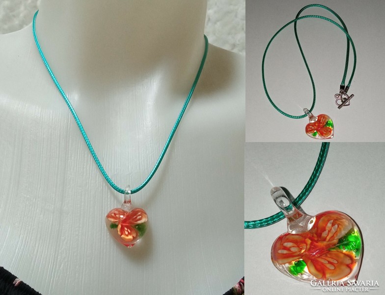 Fashion necklace - unique orange flower with a little shiny glass pendant