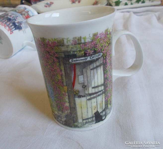 English, dunoon cat patterned tea cup, rural village scene glass 1pc