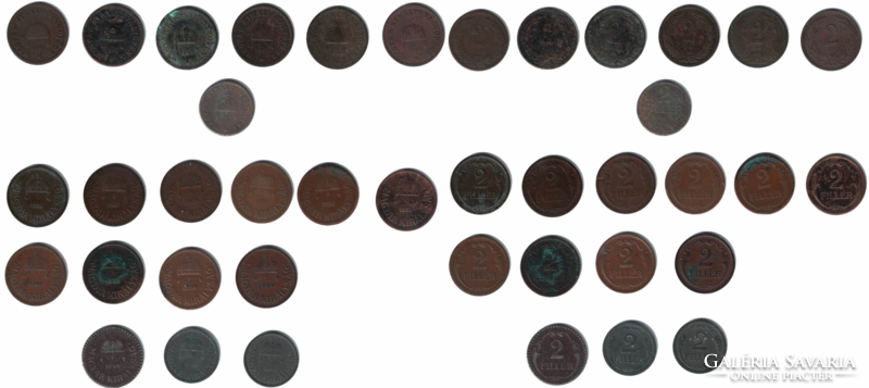 Monarchy and Kingdom of Hungary 2 pennies 1893-1944 (20 different years)