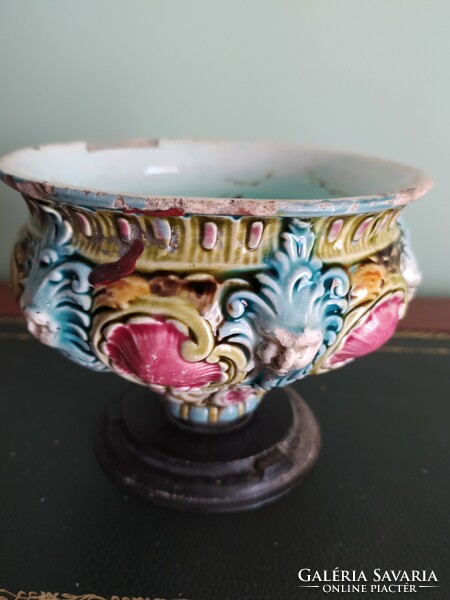 Antique majolica vase/petroleum lamp base 15 cm