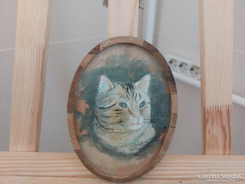 (K) nice little cat painting with 20x15 cm frame