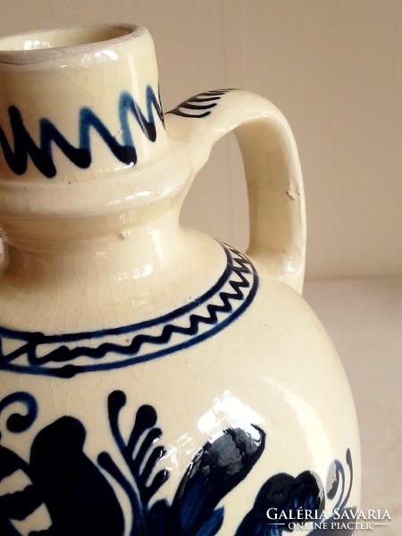 Old Corundian blue and white glazed marked Lőrinc Mária ceramic pitcher with handle, flawless 23 cm