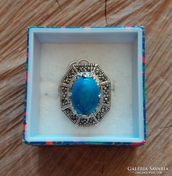Old silver pendant with reconstructed turquoise and marcasite