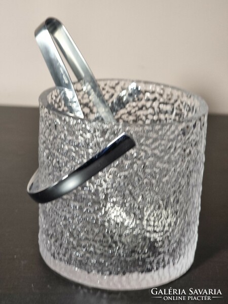 *Swedish glass ice bucket with metal handle wmf with tweezers.