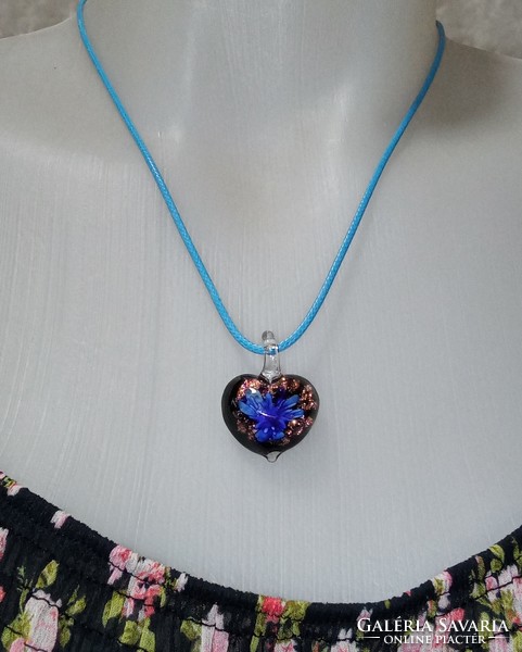 Fashion necklace - unique blue flower with small shiny glass pendant