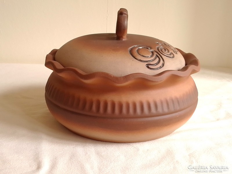 Old German craftsman inside glazed ceramic baking dish with lid cake serving holder container