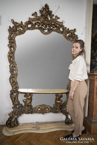 Antique large neo-baroque wall mirror with marble bracket