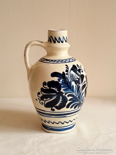 Old Corundian blue and white glazed marked Lőrinc Mária ceramic pitcher with handle, flawless 23 cm