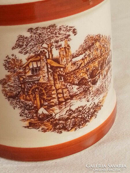 Old earthenware ceramic sour cream milk jug with handle glazed spout water mill scene 14 cm