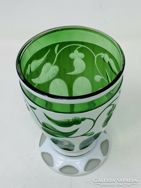 Antique überfang Bieder stemmed glass, goblet in green and white