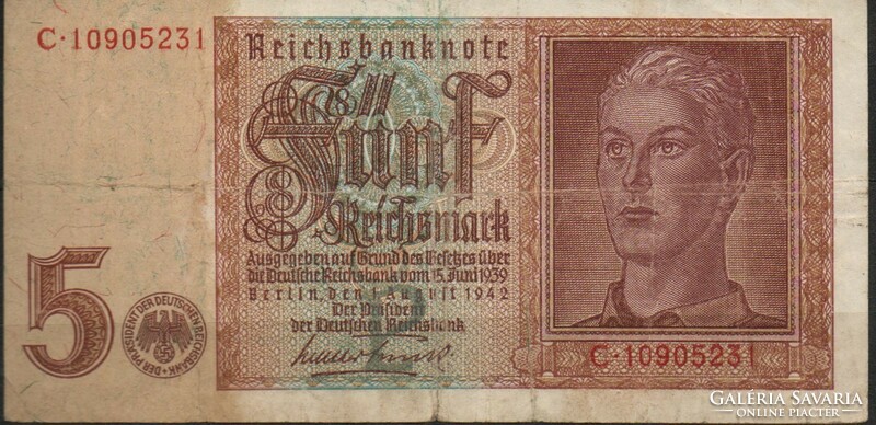 D - 145 -  Külföldi bankjegyek:  Németország 1942 5 birodalmi márka