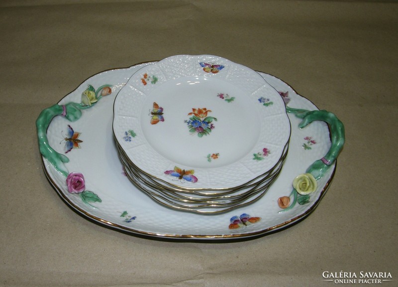 Antique Herend cake set, decorated with butterflies and flowers - 1941s'