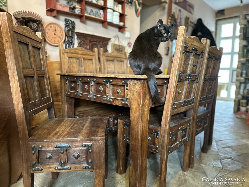 Medieval style Indian rosewood table with decorative hardware, 6 chairs, very rare piece of furniture