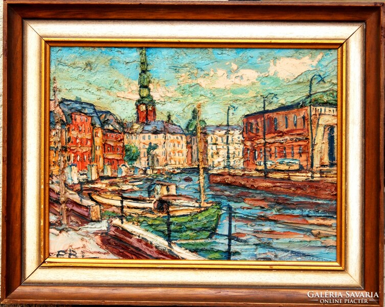 Contemporary artist (e.B.L.): Port detail with clock tower - 3d surface, framed painting