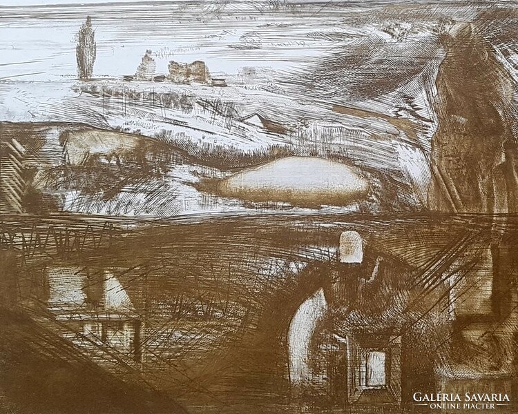 Imre Kéri landscape 32 x 39 cm etching