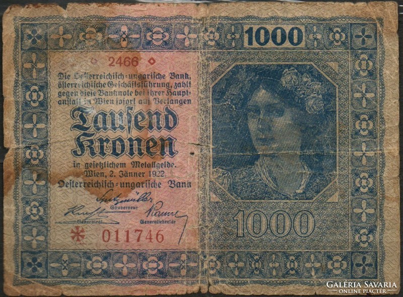 D - 175 - foreign banknotes: Austria 1922 1,000 kroner