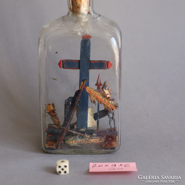 19. századi vallási témájú türelemüveg pincetok palackban / 19th century WHIMSEY BOTTLE