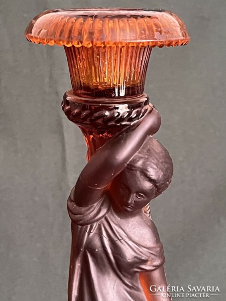 Amber pressed glass candle holder (u0028)
