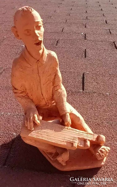 László Tóth - marked - applied arts ceramic sculpture - terracotta figure - zither stand