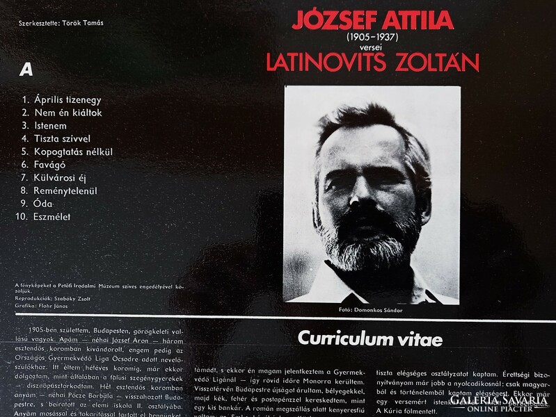 Bakelit lemez, LP, József Attila verseit előadja Latinovits Zoltán