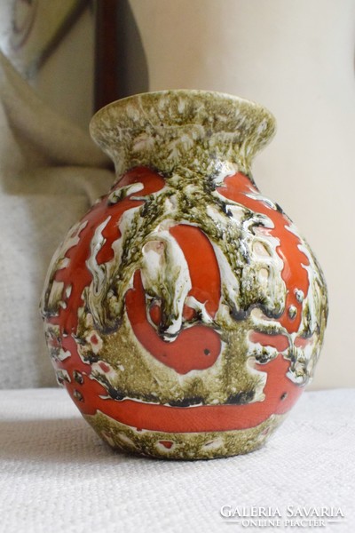 Vase glazed ceramic applied art 70's 16 x 14 cm