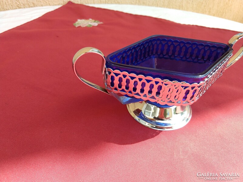 Pierced, silver-plated metal tray, candy holder, with original blue glass insert,, English, flawless,,,