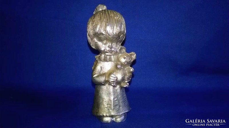 Metal miniature - little girl with teddy bear - shelf decoration or dollhouse accessory