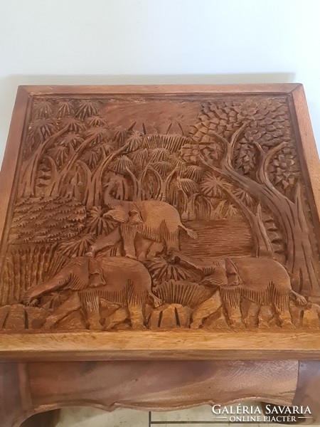 Acacia opium table with elephant carving | tropical hardwood furniture