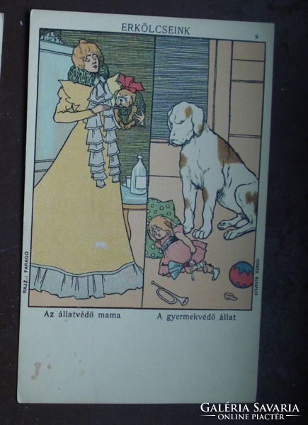 Faragó Géza Erkölcseink  szecessziós litho antik képeslap kutya, hölgy