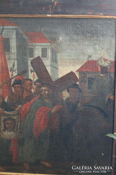18. századi vallási témájú "Jézus a keresztúton" olaj festmény 90x110 cm nagy méret