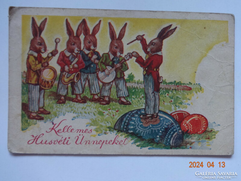 Régi grafikus húsvéti üdvözlő képeslap (nyuszizenekar)