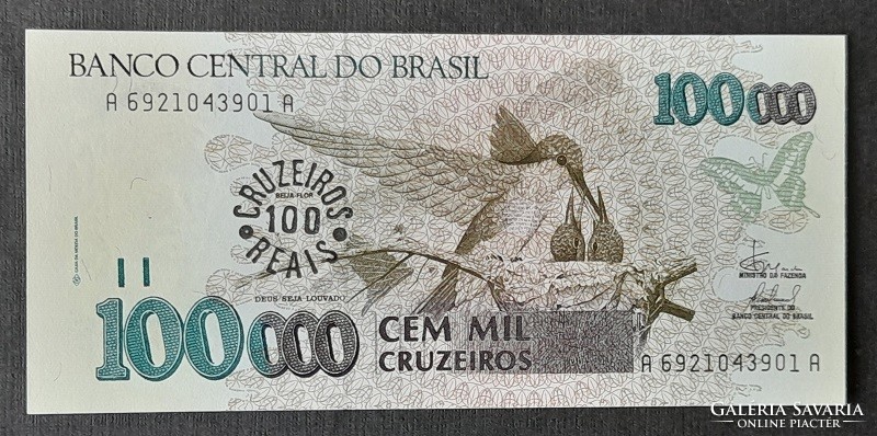 Brazília * 100000 cruzeiro 1993 - 100 cruzeiros reais felülbélyegzés