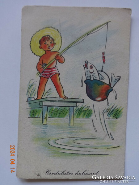 Régi grafikus humroros üdvözlő képeslap, Macskássy János rajz: "Csodálatos halászat"