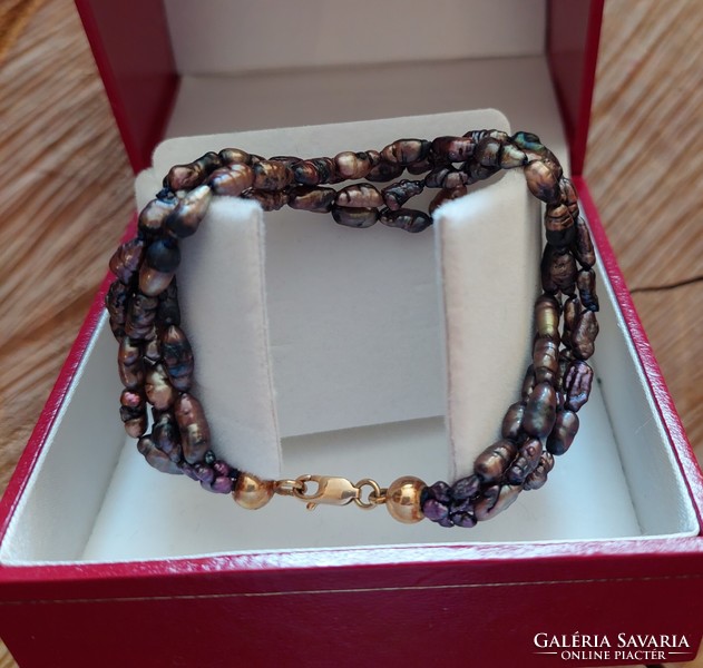 Colorful 4-row pearl bracelet with 14k gold setting
