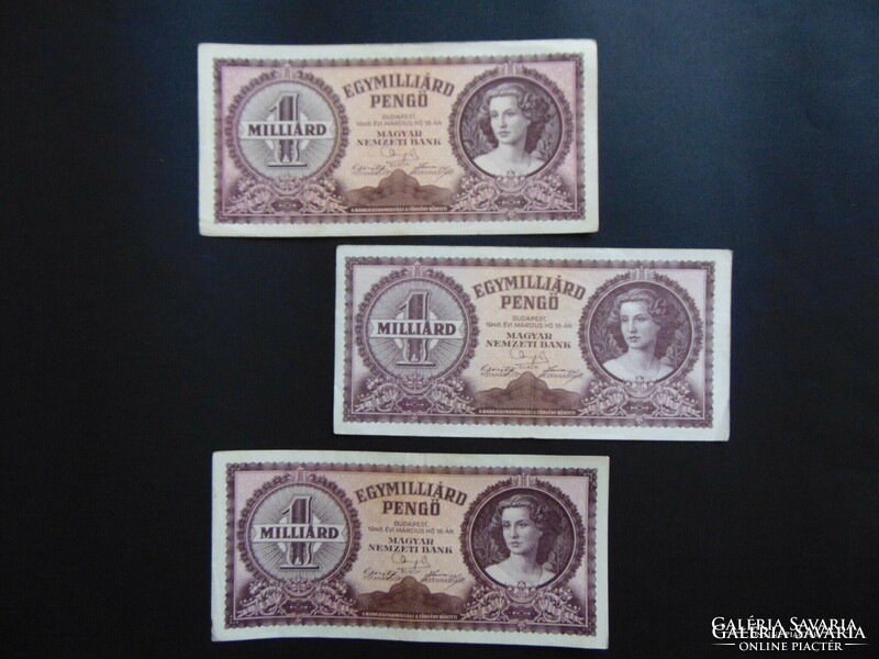 3 One billion pengő banknotes 1946 lot!