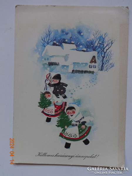 Old graphic Christmas greeting card, drawing by Károly Kecskeméty