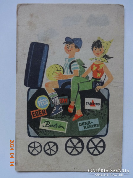 Régi, retró grafikus propaganda képeslap: "Rendszeres takarékoskodás = vidám gondtalan nyaralás"