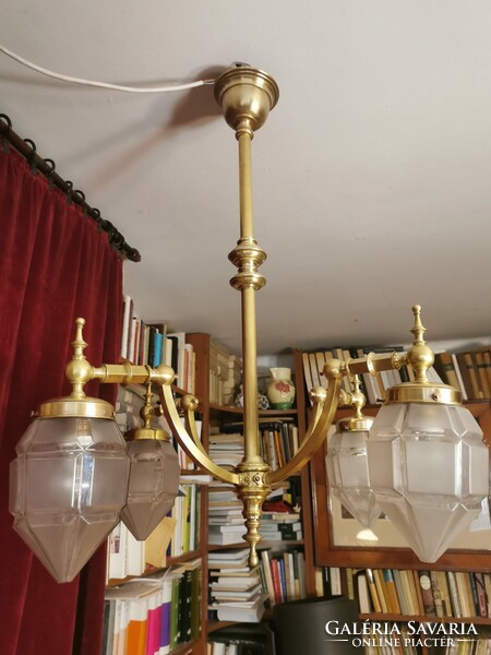 Antique copper art deco four-branch chandelier, with art deco shades. Price drop!