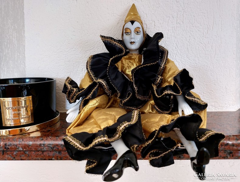 Venice doll carnival decoration clown with gold black frilly dress with porcelain head 45 cm