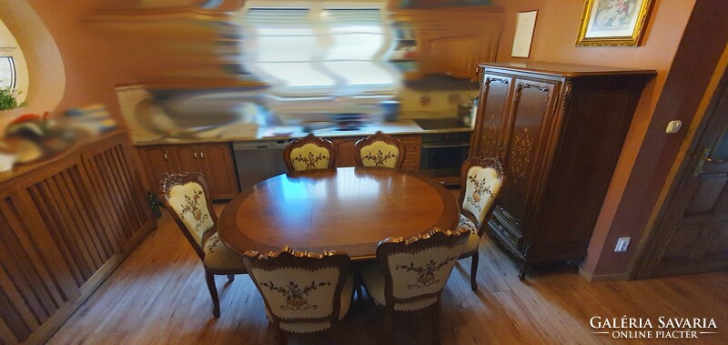 Dining set. Inlaid table with 6 tapestry fabric chairs.