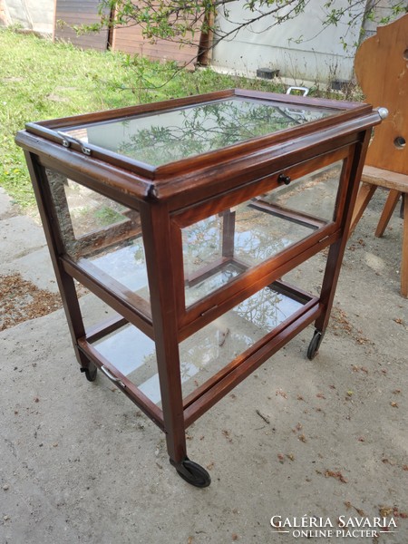 Original antique art deco party cart with round glass, opening door, pull-out and removable tray