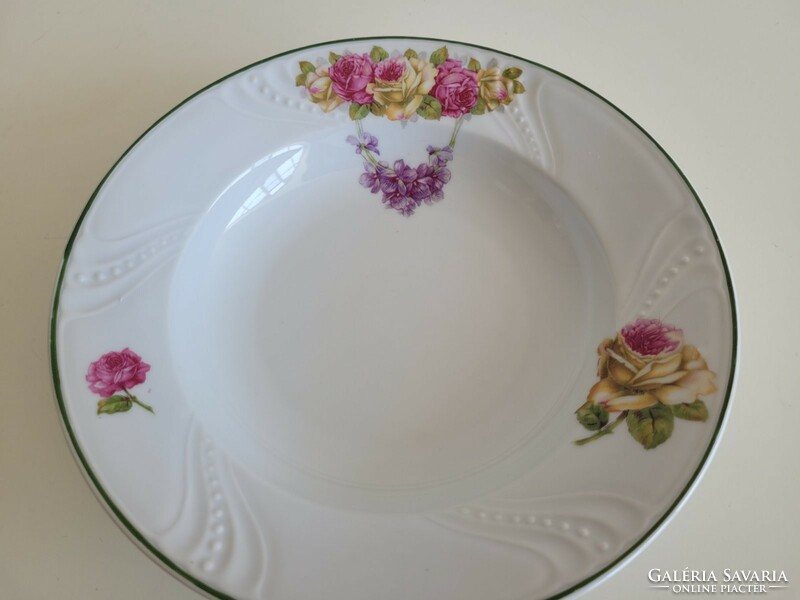 Old porcelain wall plate deep plate with rose pattern and violet garland