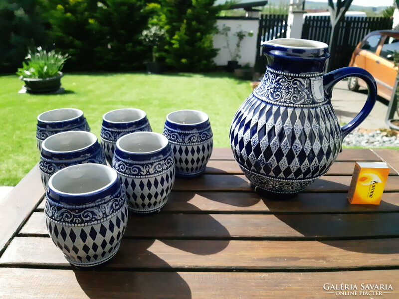 Six-person blue ceramic drinking set