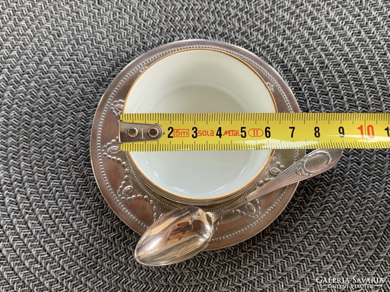Olasz 800-as ezüst kávés csésze porcelán betéttel, ezüst kanállal 1940-1950 közötti fémjelzés