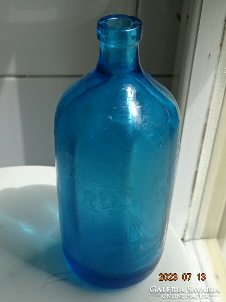 Antique half lit. blue bottle adria Bp. Chemically pure flat water soda dwarfs sailing ship motif