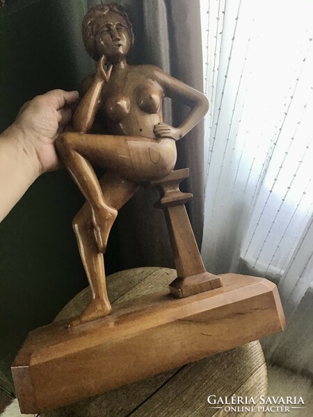 Old art deco large carved wooden female statue