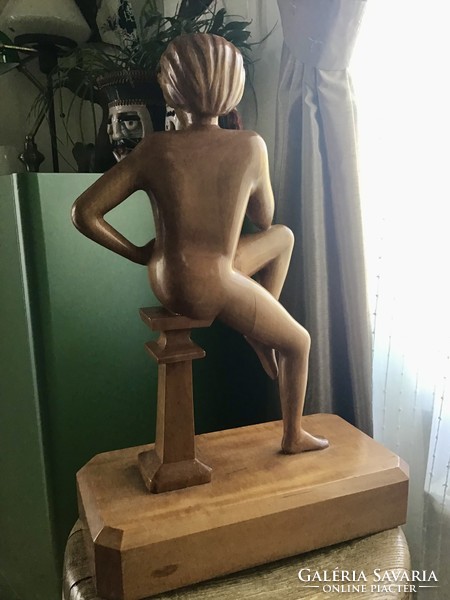 Régi art deco nagy méretű faragott fa női szobor